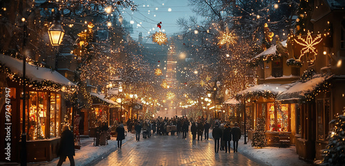 Fototapeta Naklejka Na Ścianę i Meble -  A city street lit with Christmas decorations featuring figures of people walking. Christmas