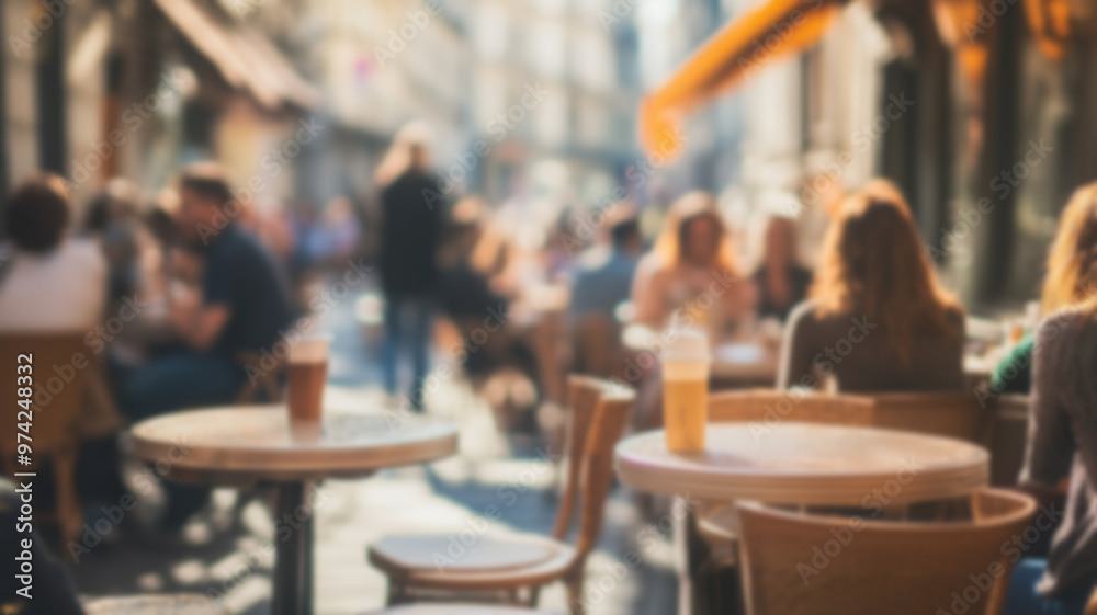 Blurred background of People sitting at tables in outdoor cafe, on bustling street. Relaxed atmosphere, featuring individuals enjoying coffee and casual conversation in lively city environment. Blurred background of People sitting at tables in outdoor cafe, on bustling street. Relaxed atmosphere, featuring individuals enjoying coffee and casual conversation in lively city environment.