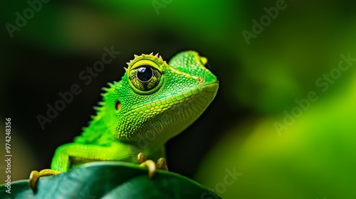  A tight shot of a green lizard atop a verdant leaf against softly blurred green foliage background