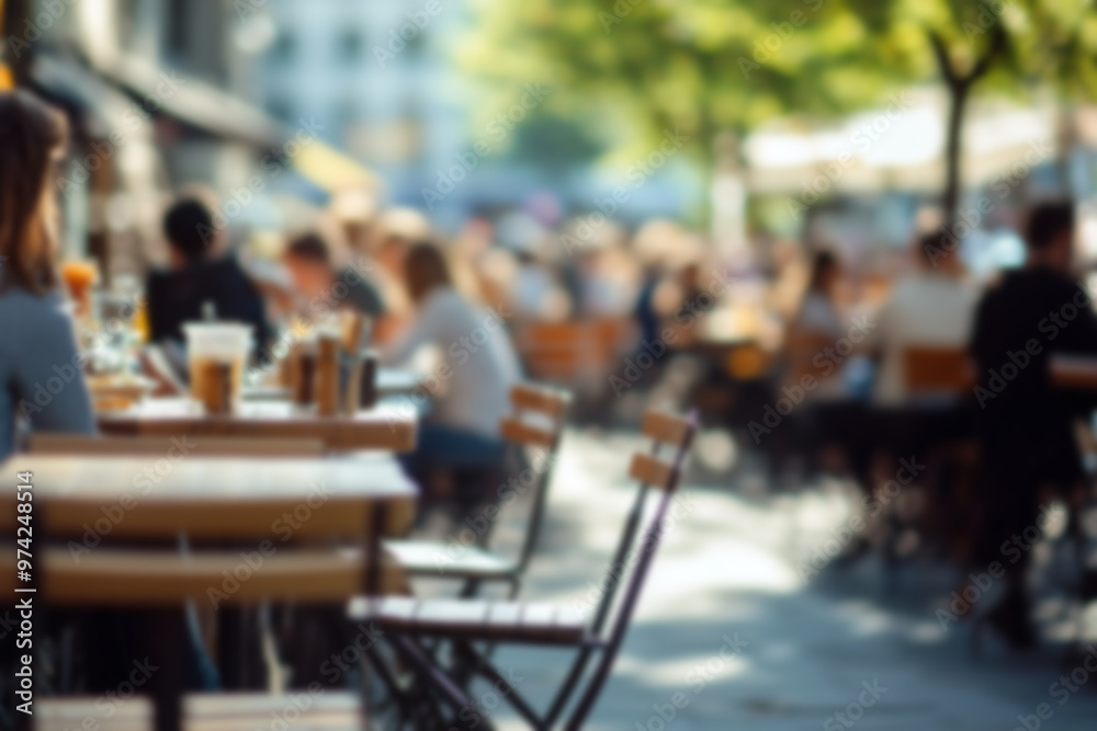 Obraz premium Blurred background of People sitting at tables in outdoor cafe, on bustling street. Relaxed atmosphere, featuring individuals enjoying coffee and casual conversation in lively city environment.