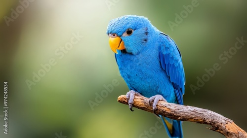  A blue bird with a yellow beak perches on a tree branch against a softly blurred background