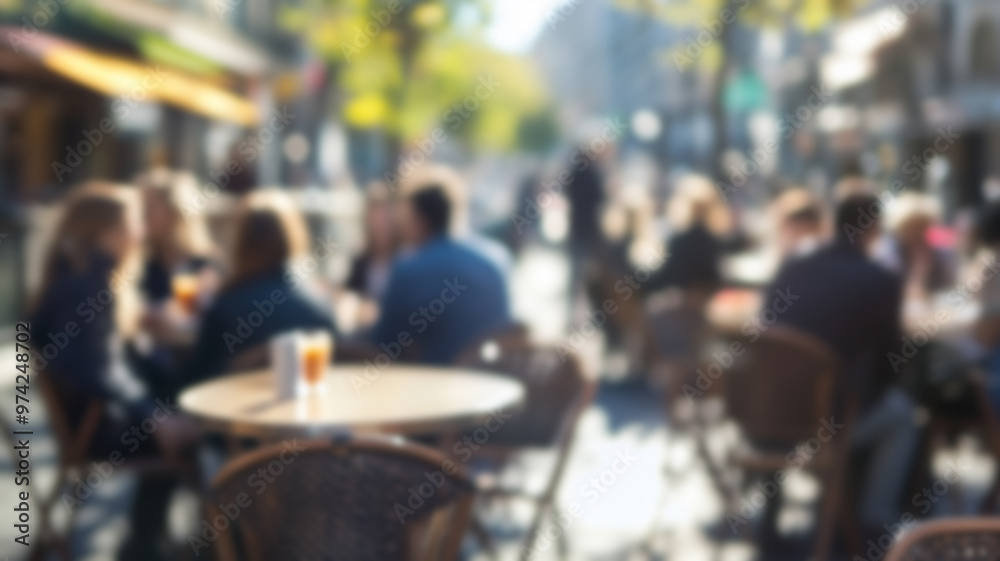 Blurred background of People sitting at tables in outdoor cafe, on bustling street. Relaxed atmosphere, featuring individuals enjoying coffee and casual conversation in lively city environment. Blurred background of People sitting at tables in outdoor cafe, on bustling street. Relaxed atmosphere, featuring individuals enjoying coffee and casual conversation in lively city environment.