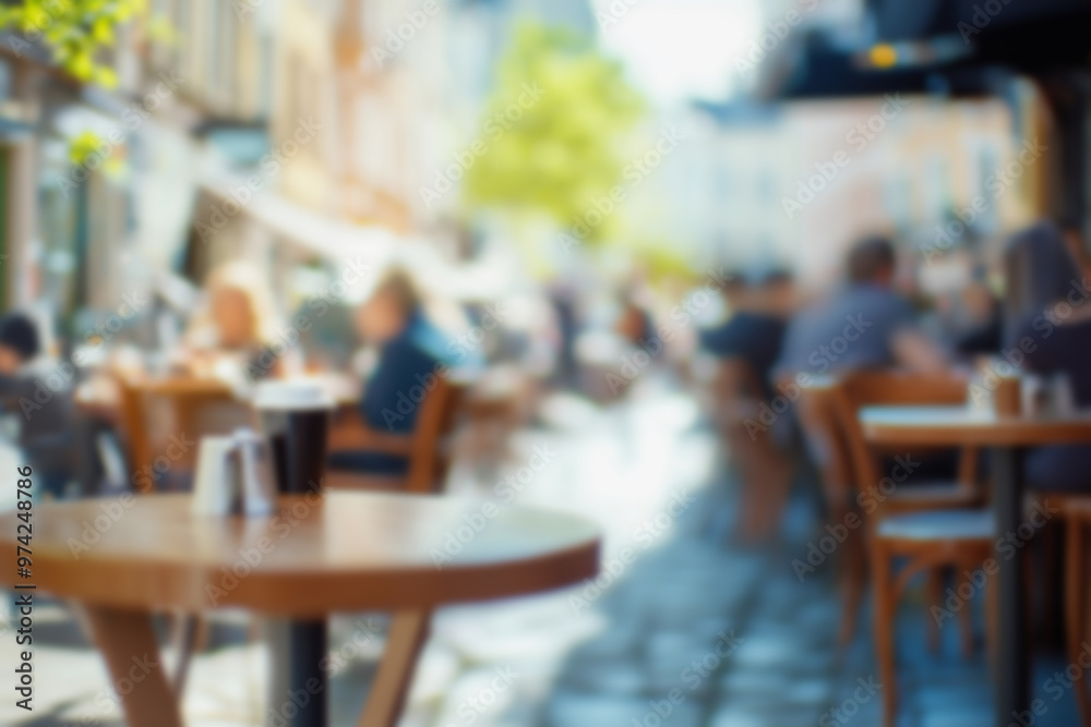 Blurred background of People sitting at tables in outdoor cafe, on bustling street. Relaxed atmosphere, featuring individuals enjoying coffee and casual conversation in lively city environment. Blurred background of People sitting at tables in outdoor cafe, on bustling street. Relaxed atmosphere, featuring individuals enjoying coffee and casual conversation in lively city environment.