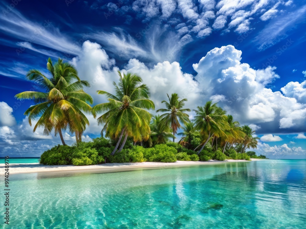 Serene tropical island paradise features swaying palm trees, pristine white sand beach, and crystal-clear turquoise Serene tropical island paradise features swaying palm trees, pristine white sand beach, and crystal-clear turquoise