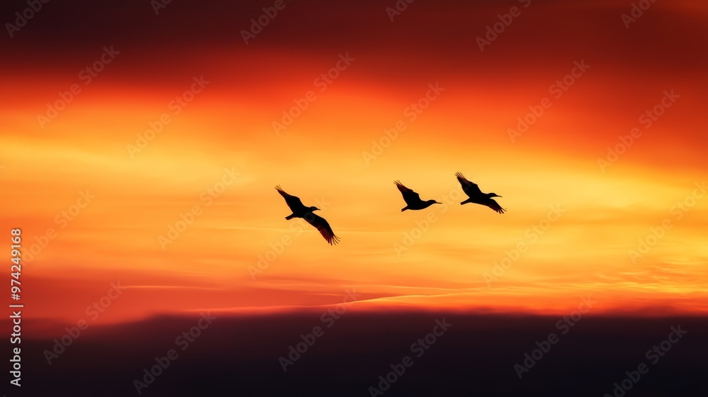 Fototapeta premium A flock of birds flying through a cloudy sky at sunrise, sunset, or morning or evening twilight