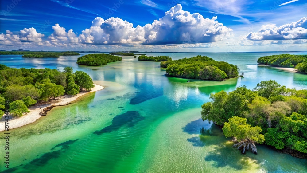 Fototapeta premium Serene turquoise waters weave through lush mangrove forests and sugar-white sandy shores in Florida's Ten Thousand