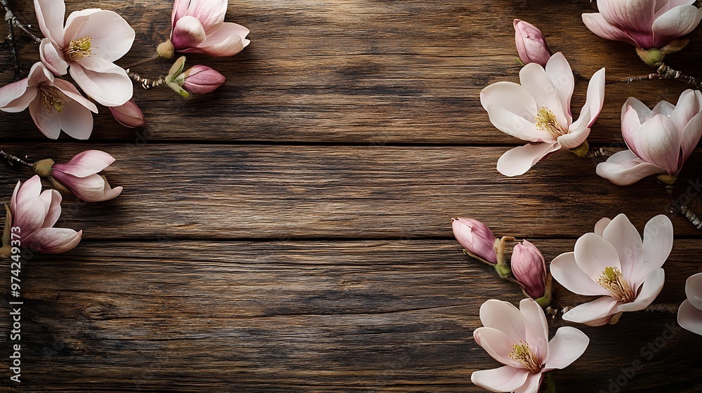 Pink Magnolia Flowers on Wooden Background Pink Magnolia Flowers on Wooden Background