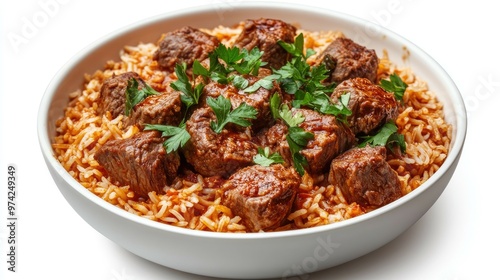 A white bowl filled with a hearty stew of beef, rice, and tomato sauce, garnished with fresh parsley.