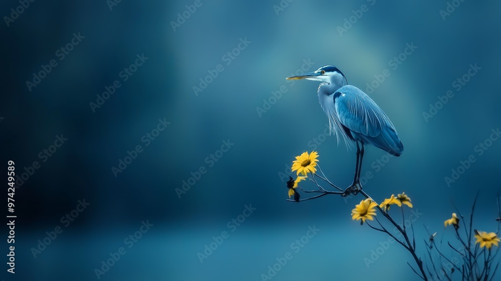A blue heron perches on a branch, surrounded by yellow flowers Behind it, a body of water reflects a blue sky A blue heron perches on a branch, surrounded by yellow flowers Behind it, a body of water reflects a blue sky