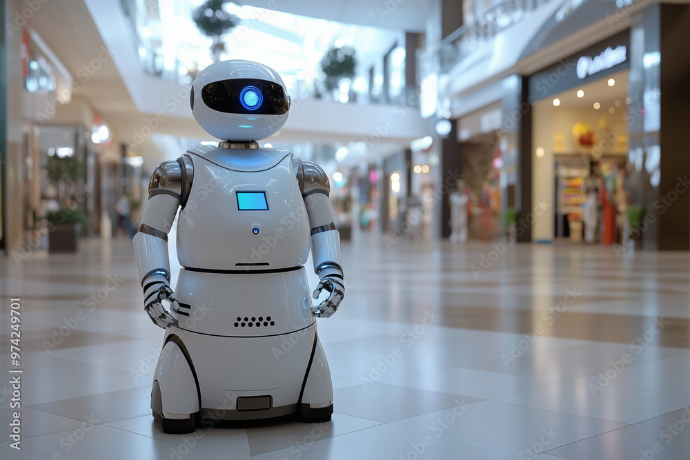 Autonomous AI security robot in a shopping mall, future of mall security and retail technology. Gen Z's interaction with smart technology in public spaces. Autonomous AI security robot in a shopping mall, future of mall security and retail technology. Gen Z's interaction with smart technology in public spaces.