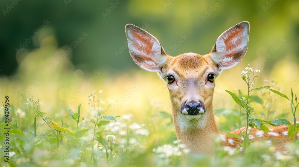 A tight shot of a deer's face amidst a field of grass and wildflowers, framed by trees in the backdrop A tight shot of a deer's face amidst a field of grass and wildflowers, framed by trees in the backdrop