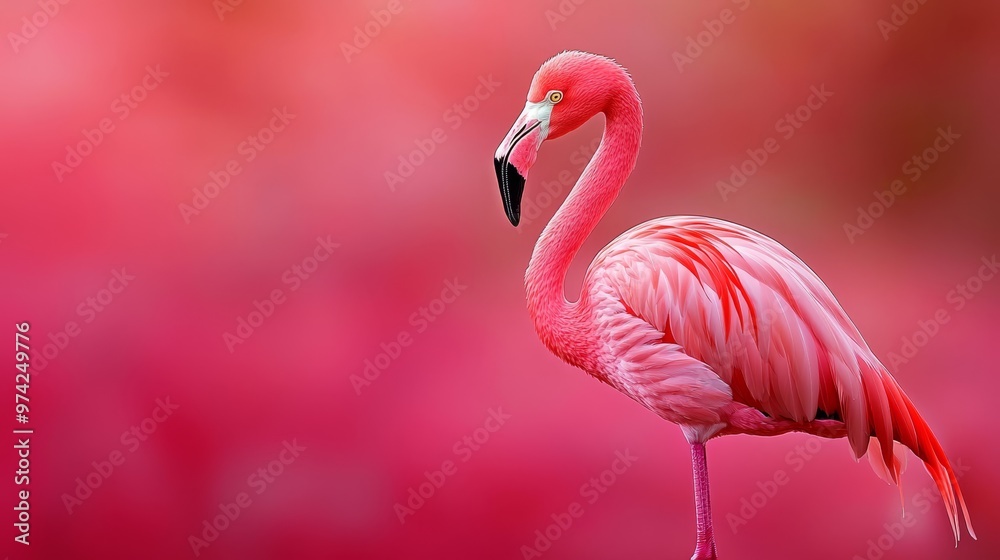 Fototapeta premium A pink flamingo before a pink backdrop, sporting black spots on its head and neck