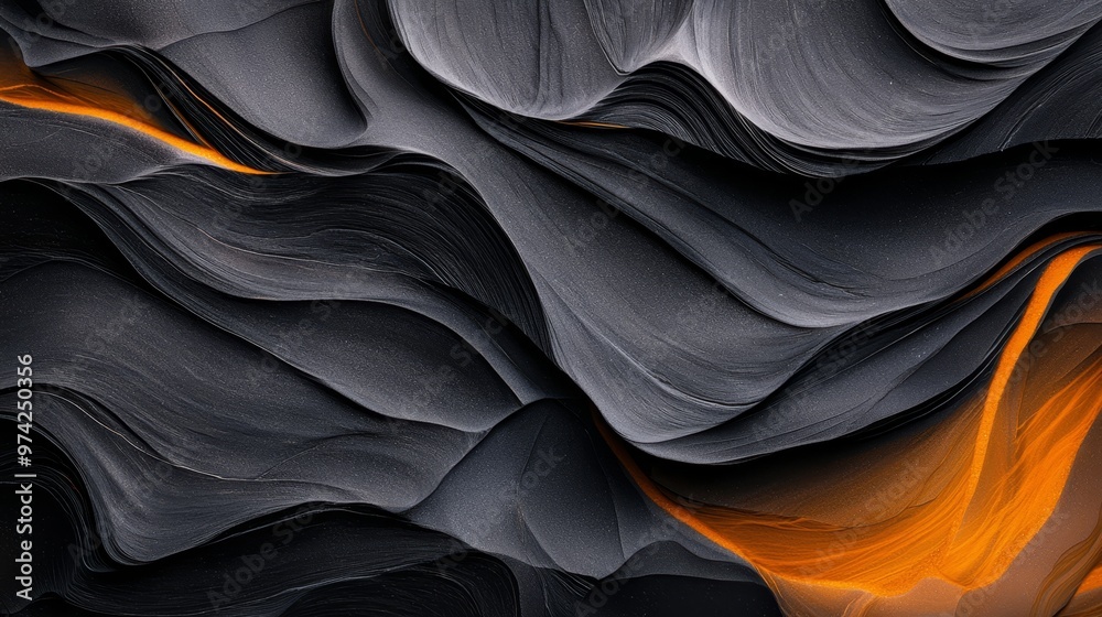 Obraz premium A close-up of a black and orange wallpaper showcases undulating wave designs