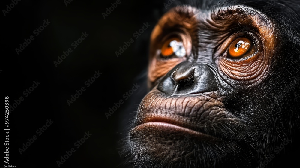 A tight shot of a monkey's face with orange-hued eyes gazing intently A tight shot of a monkey's face with orange-hued eyes gazing intently