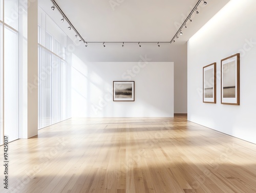 Modern art gallery with minimalist design, bright natural light, and framed pictures displayed on white walls with wooden floors.