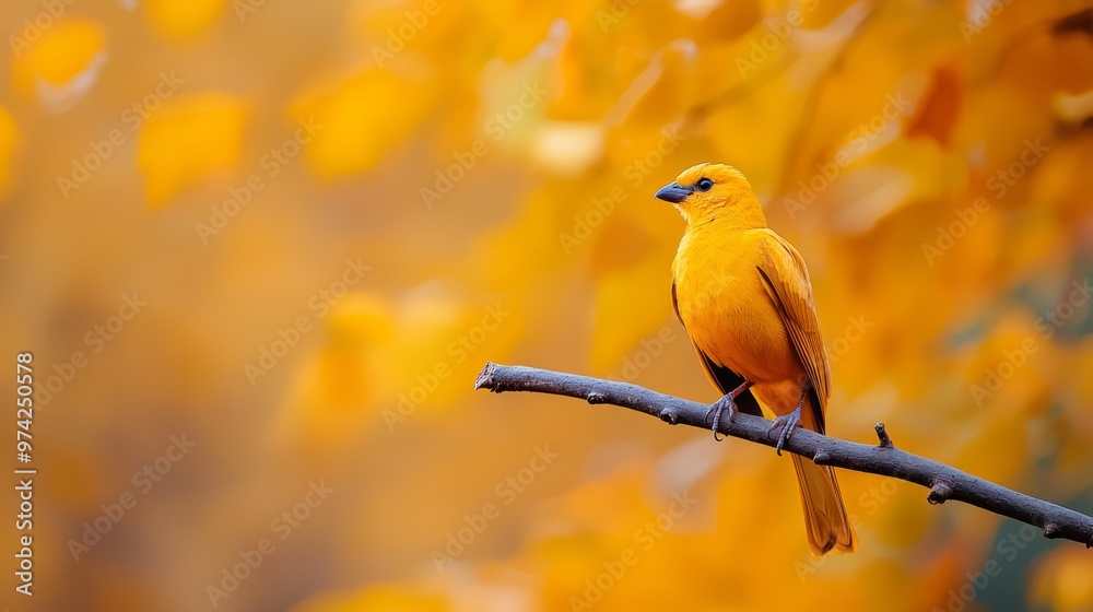 Obraz premium A yellow bird sits on a branch before a tree, its yellow foliage prominent in the foreground; background softly blurred