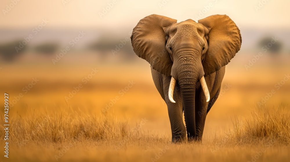 Fototapeta premium An elephant, its large tusks curved down, traverses a field of towering grasses under a sunlit sky