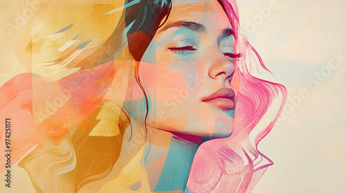 Abstract Portrait of a Young Woman with Flowing Fragmented Lines and Geometric Shapes