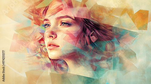 Abstract Portrait of a Young Woman with Flowing Fragmented Lines and Geometric Shapes