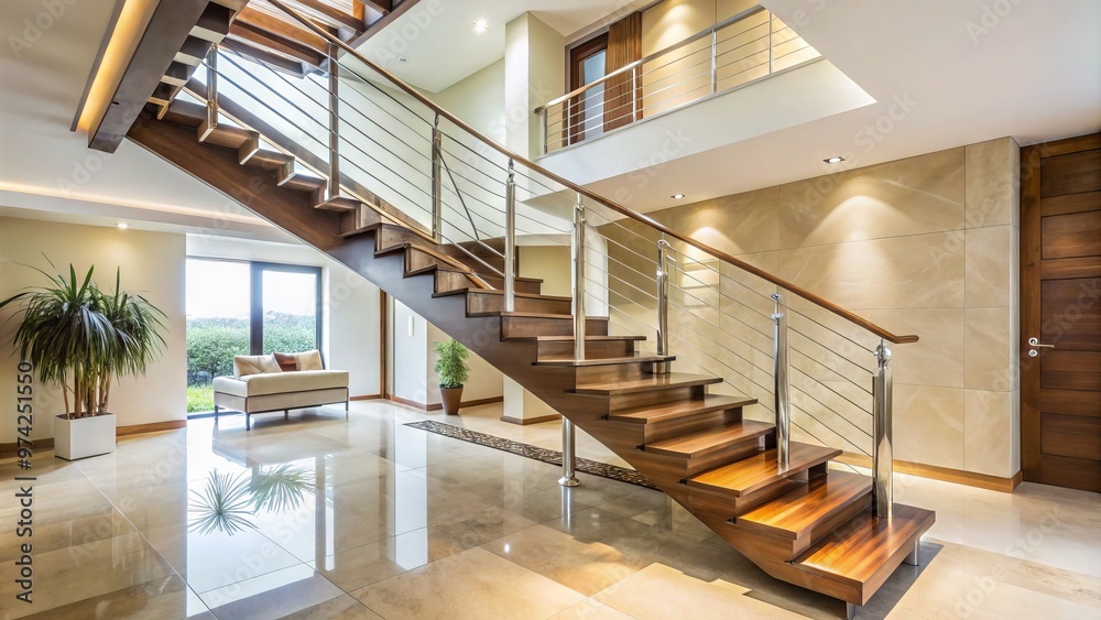 Sleek, modern staircase with wooden steps and stainless steel railings connects two floors in a spacious, minimalist Sleek, modern staircase with wooden steps and stainless steel railings connects two floors in a spacious, minimalist