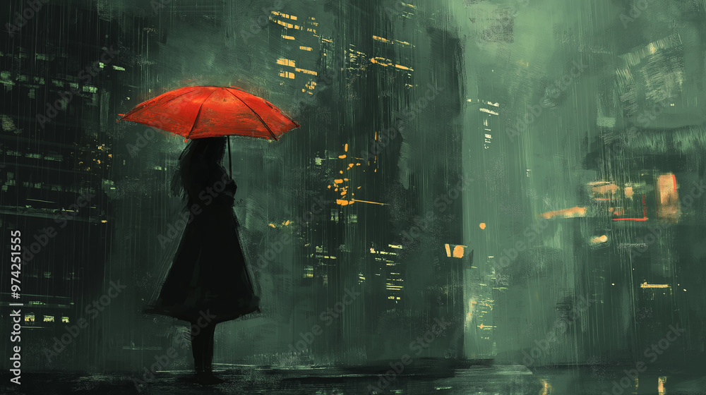 Lonely Woman with Red Umbrella in Abandoned Rainy Cityscape at Night, Digital Painting Depicting Urban Isolation and Melancholy Atmosphere Lonely Woman with Red Umbrella in Abandoned Rainy Cityscape at Night, Digital Painting Depicting Urban Isolation and Melancholy Atmosphere