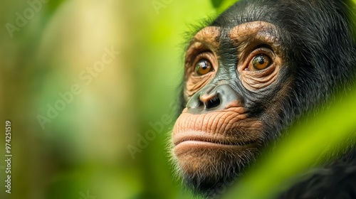  A tight shot of a monkey's face peeking through green tree leaves, backed by a softly blurred background photo