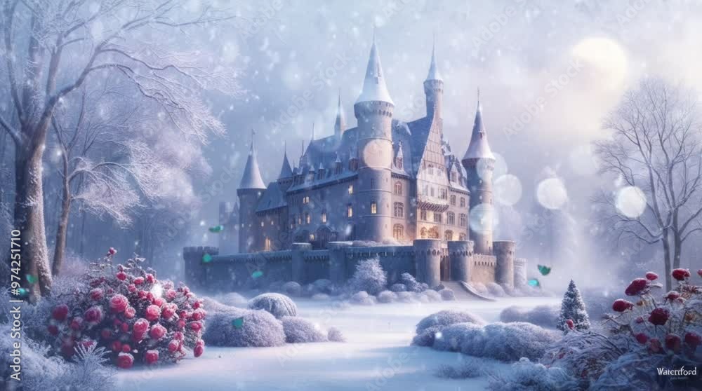 a snowy scene with a castle, trees, and bushes under a twilight sky, creating a magical winter atmosphere