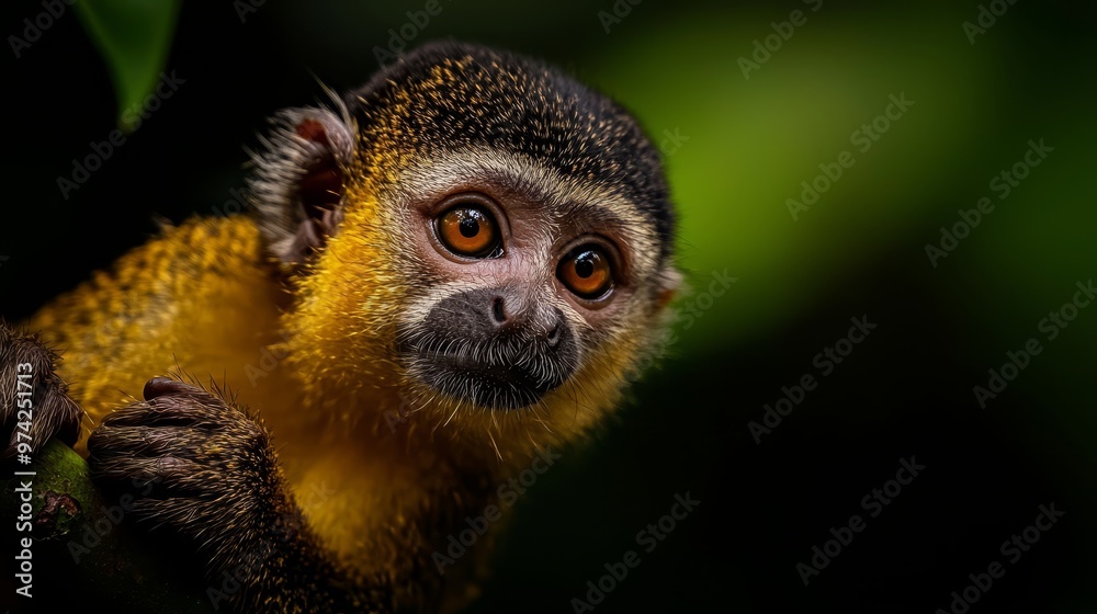 Fototapeta premium A tight shot of a monkey's face, a nearby leaf in sharp focus, background softly blurred