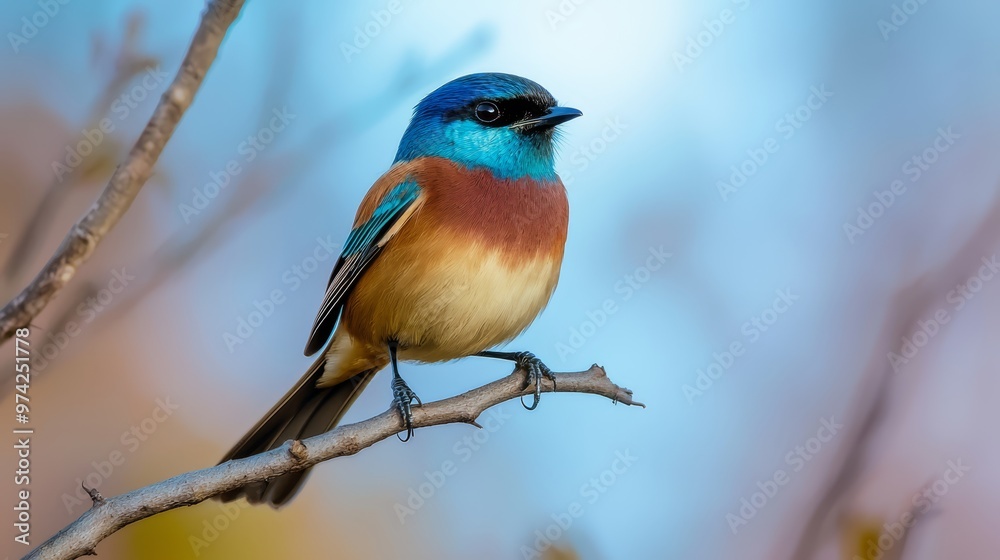 Naklejka premium A vibrant bird perches on a tree branch against a backdrop of blue and yellow sky, dotted with clouds