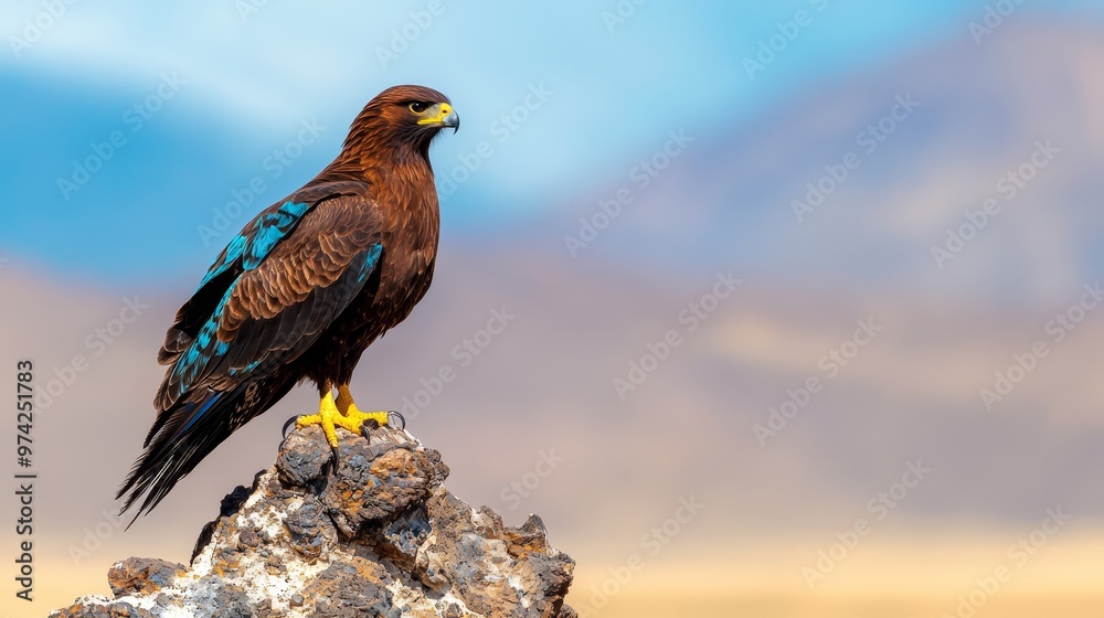 Fototapeta premium A brown-and-blue bird perches atop a rock against a backdrop of a blue sky and distant mountain range