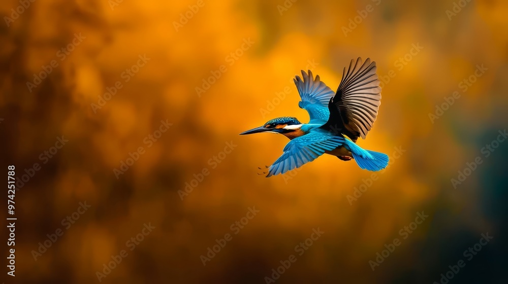 Fototapeta premium A blue bird flies in the sky, wings sprawled, head tilted to one side