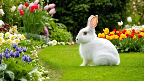 White easter bunny in the garden with colorful flowers