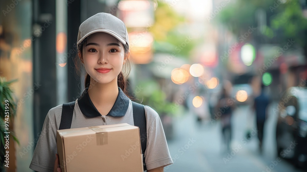 Young Asian courier smiling while holding a package with copy space, standing on a busy city street at night with vibrant lights in the background. Young Asian courier smiling while holding a package with copy space, standing on a busy city street at night with vibrant lights in the background.