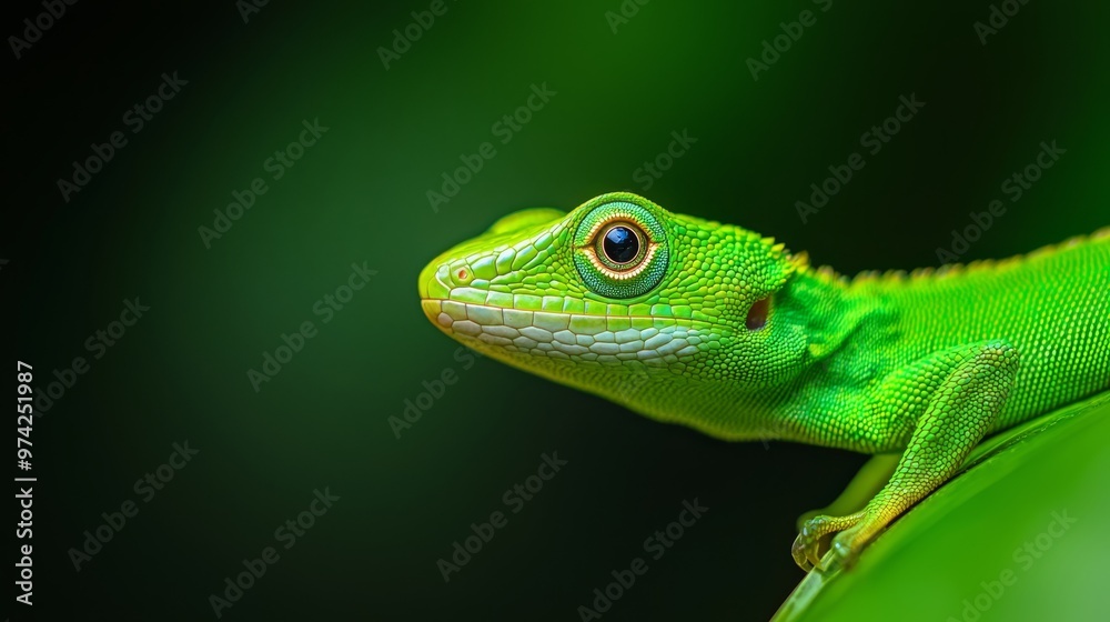 A close-up of a green lizard on a green leaf against a contrasting black background A close-up of a green lizard on a green leaf against a contrasting black background