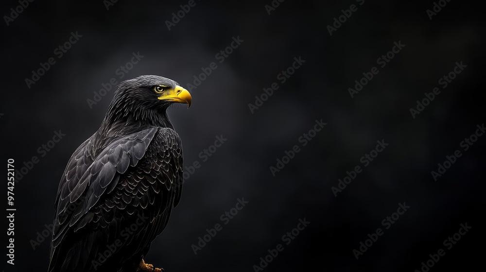 Obraz premium A tight shot of a raptor perched on a tree limb against a black backdrop, surrounded by a darkened night sky