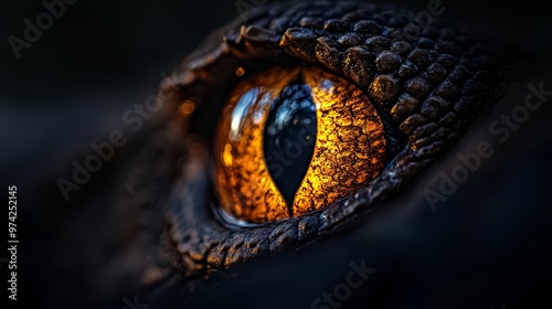  A tight shot of an animal's eye, displaying a yellow and black iris with a central black pupil