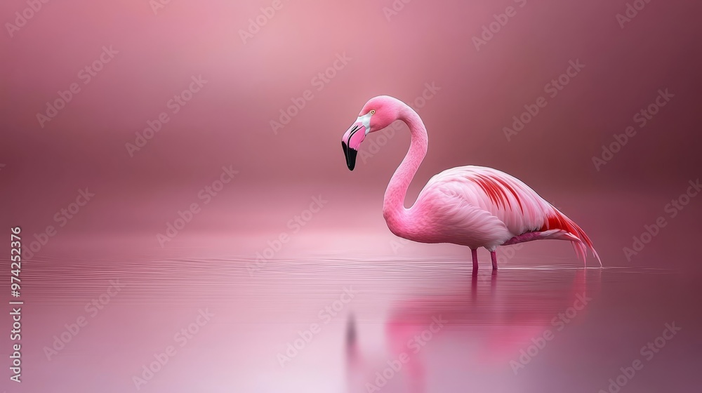 Fototapeta premium A pink flamingo wades in the water, submerging its head and legs