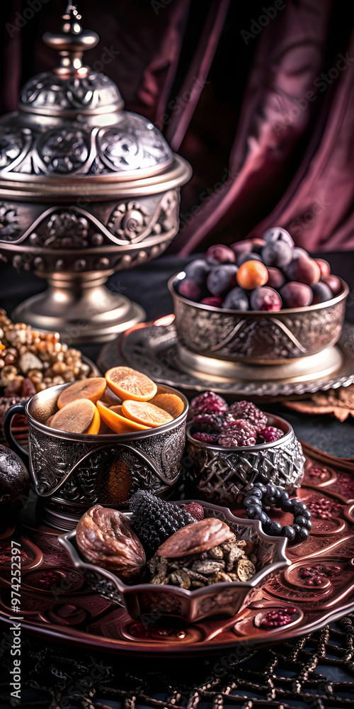 Dried fruits are decorate on intricately designed dinnerware. Dried fruits are decorate on intricately designed dinnerware.