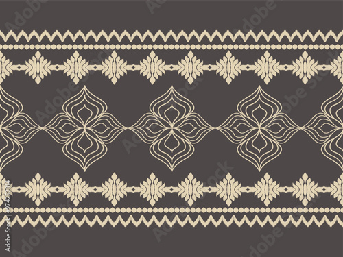 seamless damask ikat pattern features intricate cream-colored motifs on a dark background, blending traditional elegance with modern design. Ideal for textiles, wallpapers, and home decor.