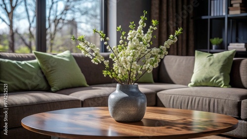 Close up of ceramic vase with blossom twigs on round wooden coffee table against grey sofa and window. Minimalist home interior design of modern living room
