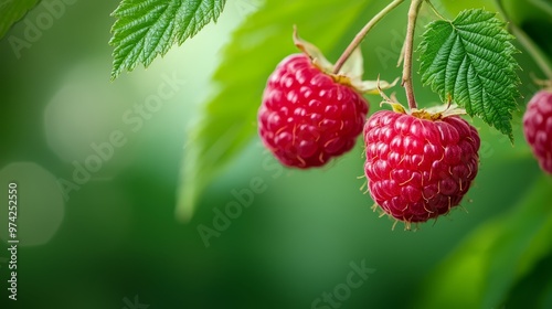  Three raspberries with green leaves suspended from a blurred background