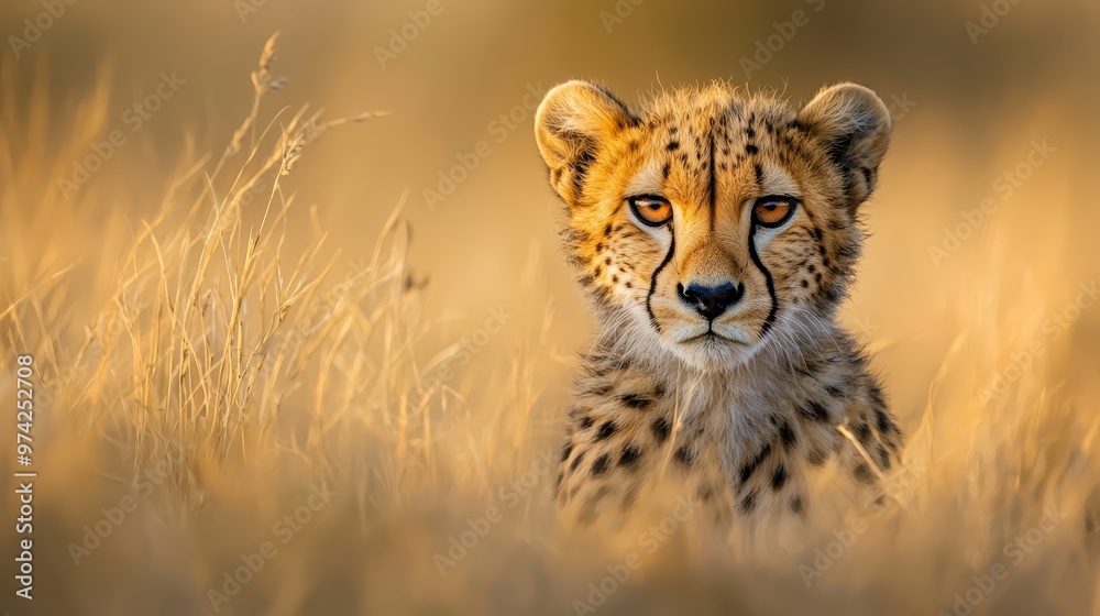 A cheetah's face, sharply focused, amidst a sea of tall grasses Background softly blurred A cheetah's face, sharply focused, amidst a sea of tall grasses Background softly blurred