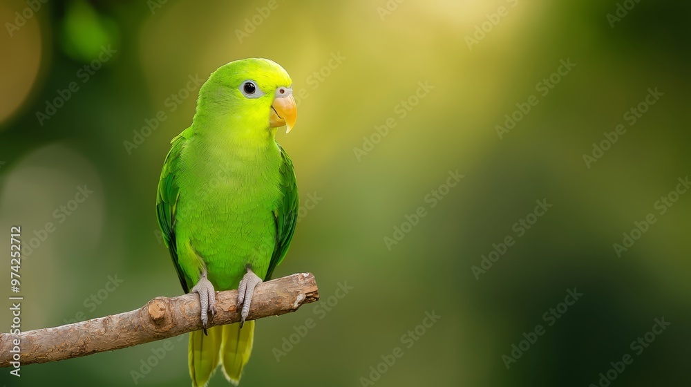 A green bird perched on a tree branch against a blurred background of green and yellow hues A green bird perched on a tree branch against a blurred background of green and yellow hues