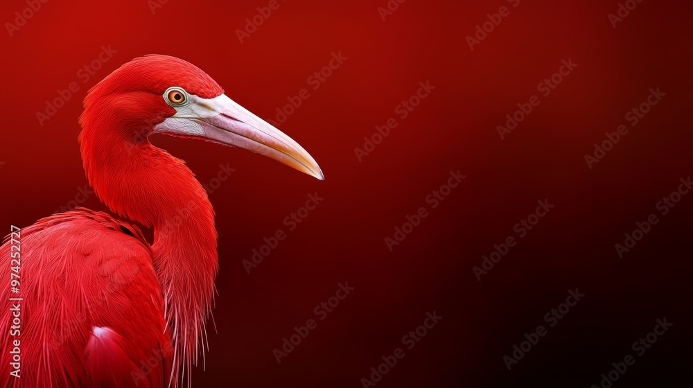 Fototapeta premium A tight shot of a long-necked, red bird with an extensive beak and lengthy bill against a bold red backdrop