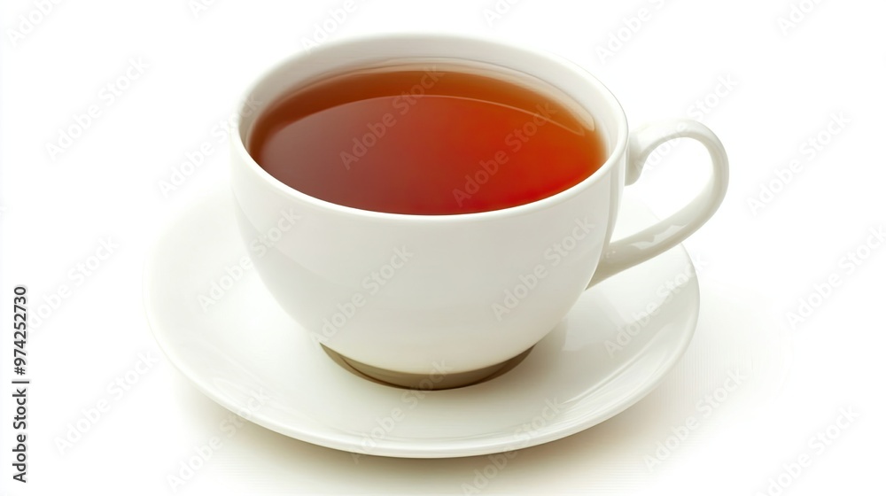 A white ceramic teacup and saucer filled with brewed black tea, isolated on a white background. A white ceramic teacup and saucer filled with brewed black tea, isolated on a white background.