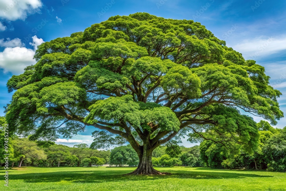 Mature Carapa guianensis tree with smooth gray trunk, sprawling canopy, and vibrant green leaves, native to tropical rainforests of Central and South America. Mature Carapa guianensis tree with smooth gray trunk, sprawling canopy, and vibrant green leaves, native to tropical rainforests of Central and South America.