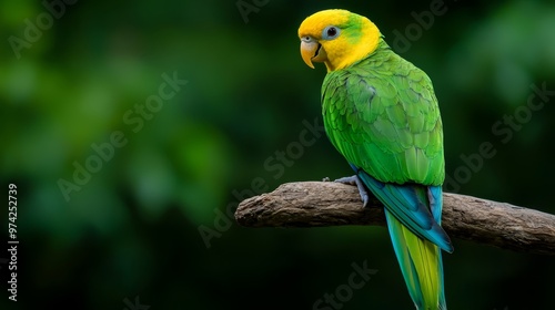  A green-and-yellow bird perches on a tree branch against a verdant forest backdrop of leafy greens