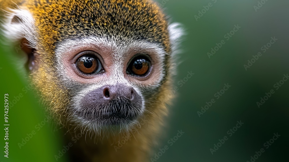 A tight shot of a monkey's face, with a green leaf positioned near and sharp, while the background softly blurs A tight shot of a monkey's face, with a green leaf positioned near and sharp, while the background softly blurs