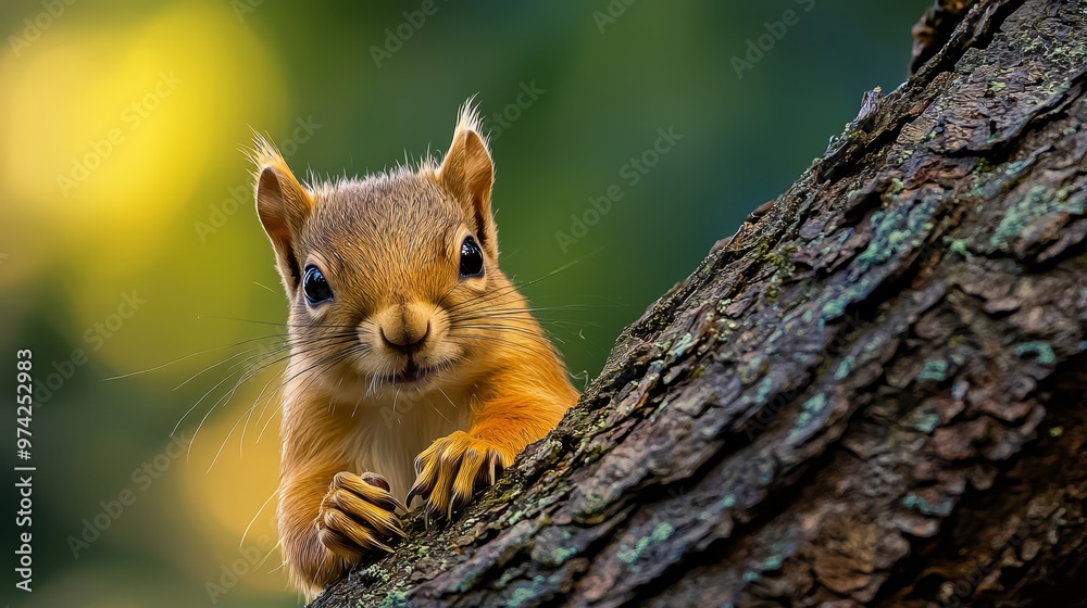 A tight shot of a squirrel near a tree trunk, gazing at the camera Background softly out of focus A tight shot of a squirrel near a tree trunk, gazing at the camera Background softly out of focus