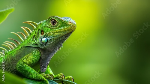  A tight shot of a green iguana perched on a branch, adorned with nearby leaves in sharp focus, while the backdrop softly blurs